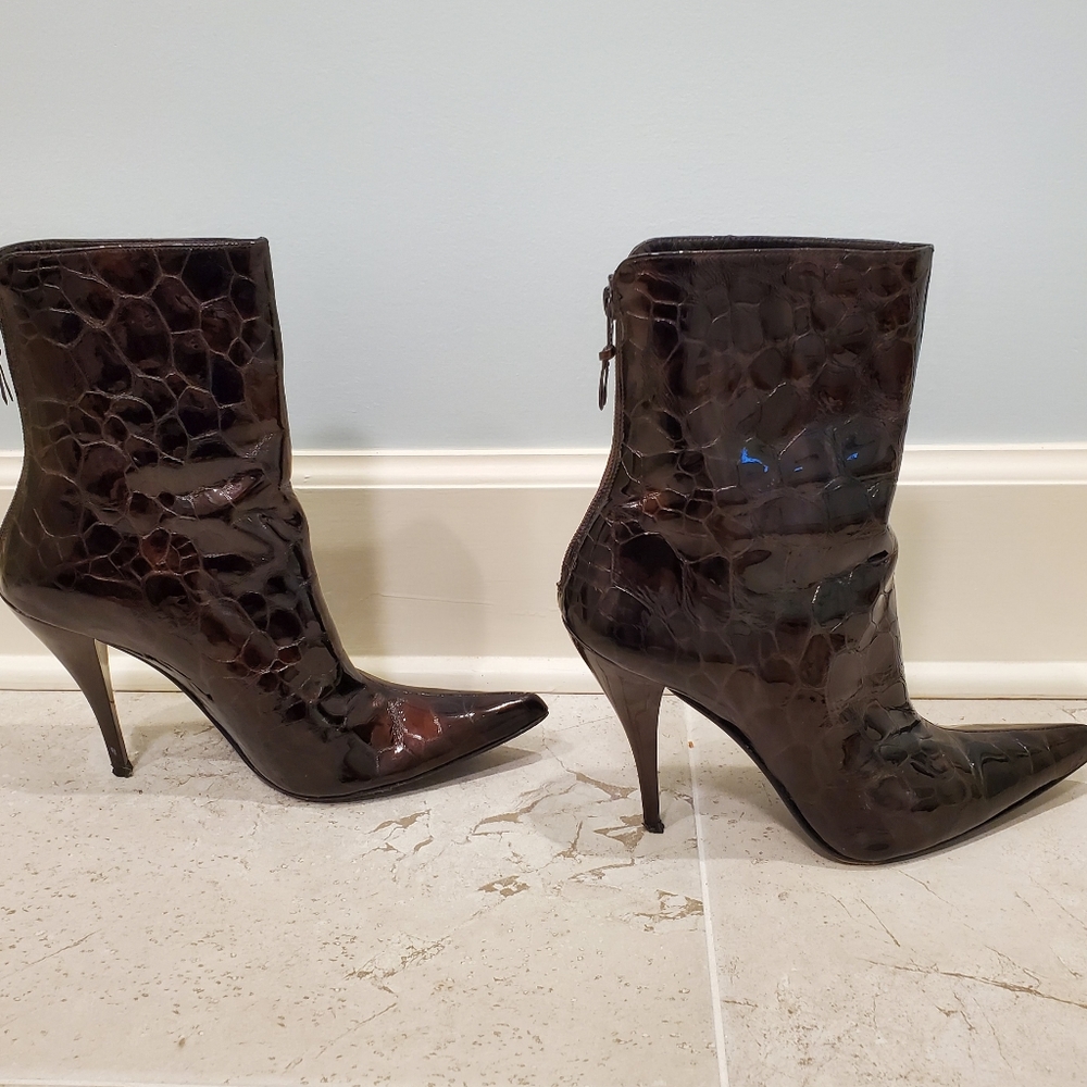 Stuart Wietzman brown croc pointy midcalf boots